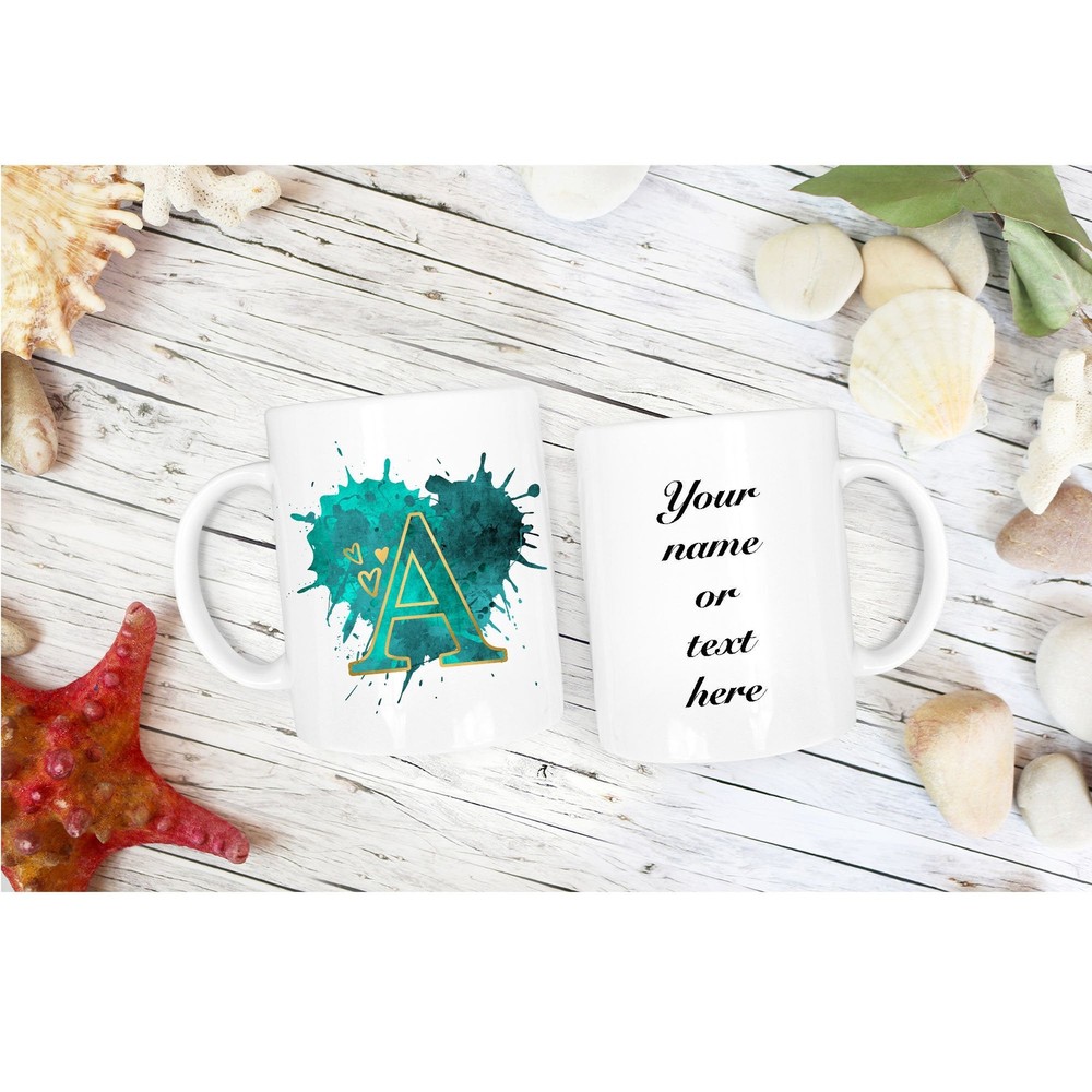 Personalised Initial Mug Green Paint Splash With Any Letter A Z With Name Tea