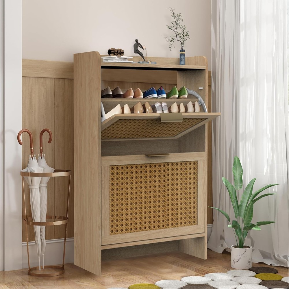 Rattan Flip-Drawer Shoe Storage Cabinet Freestanding Narrow Organizer