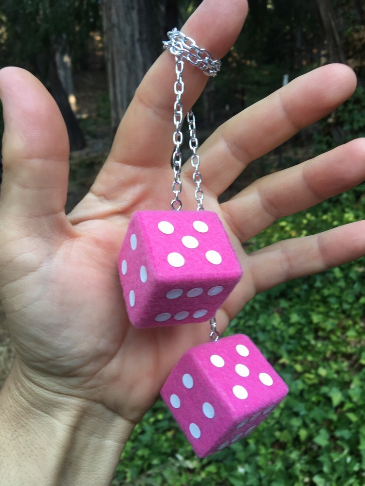 Candy Pink & White Fuzzy Dice! Solid Maple New Product Car or Truck Car Charms