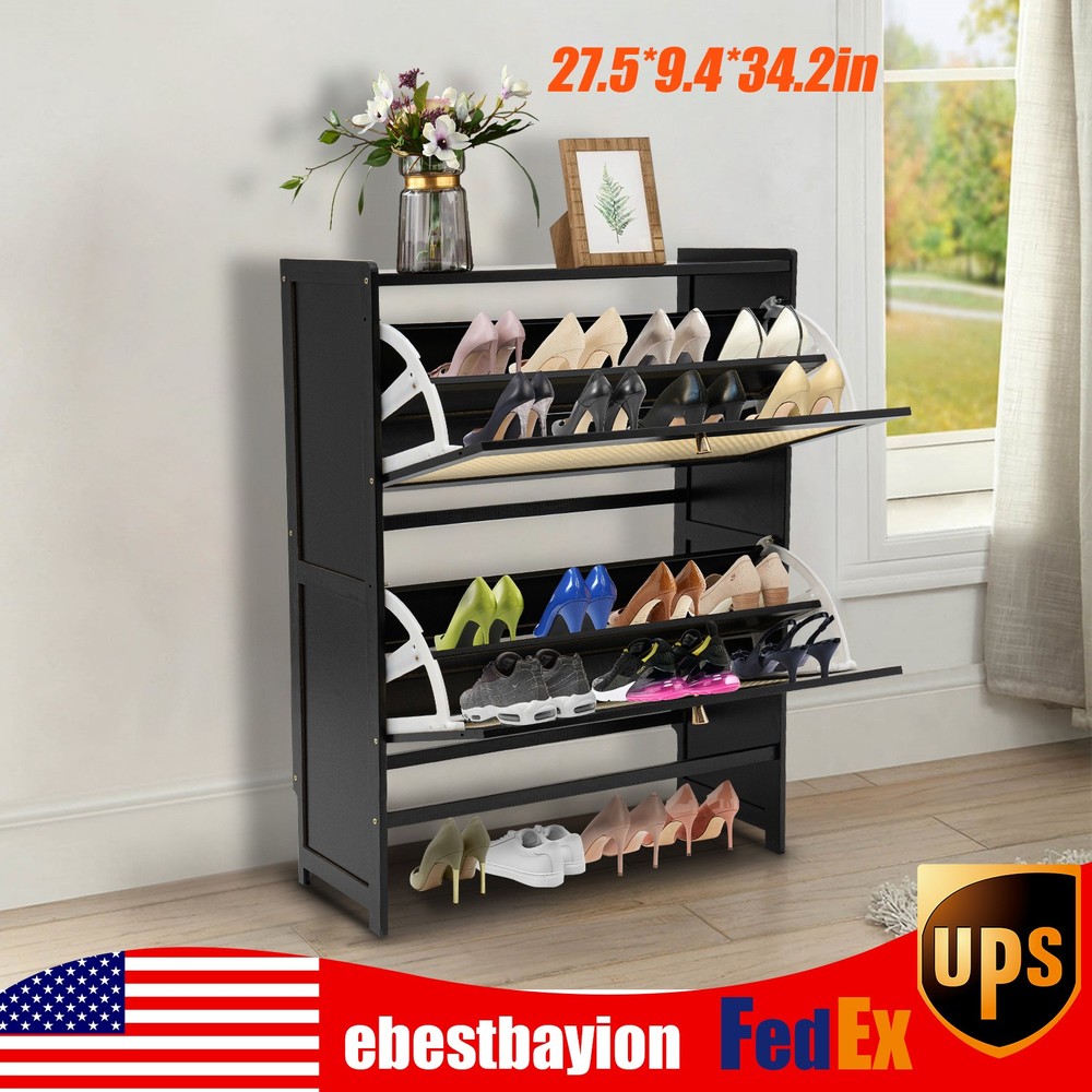 Natural Rattan Shoe Cabinet with 2-Tier Flip Drawers Free Standing Shoe Rack