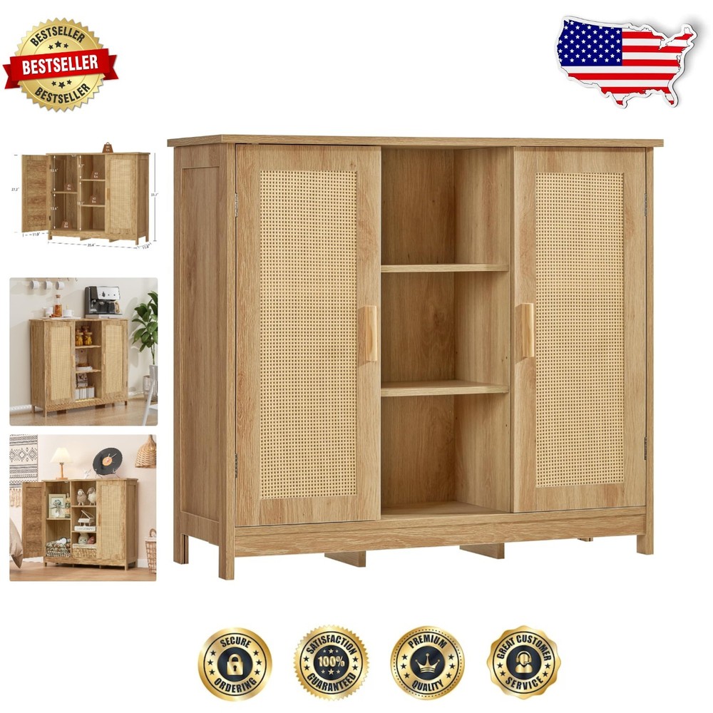 Freestanding Coffee Bar Cabinet with Rattan Doors and 4 Adjustable Shelves