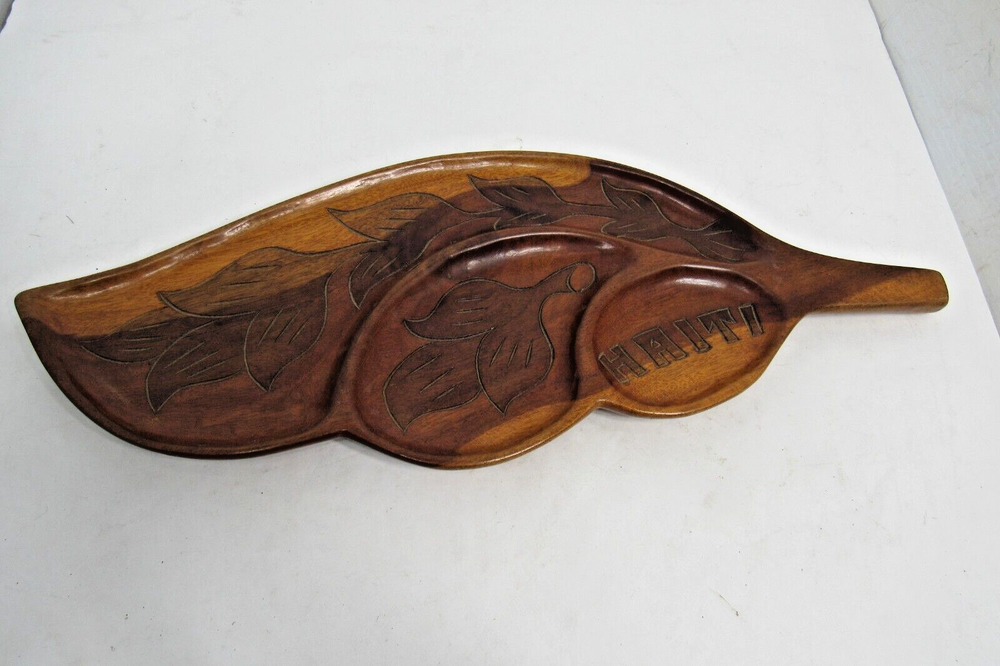 Vintage Haitian Leaf Shape Oval Tray Platter Hand Carved Wood Wall Hanging Haiti