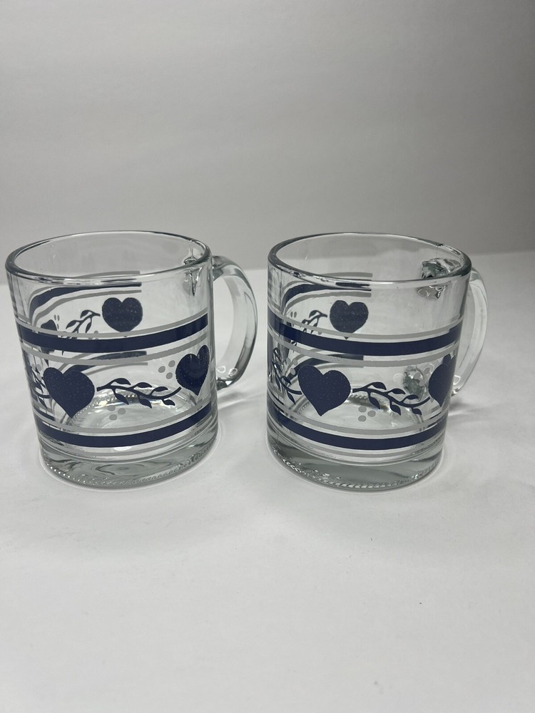2 Vintage Clear Glass Blue Heart Coffee Mug Made in USA
