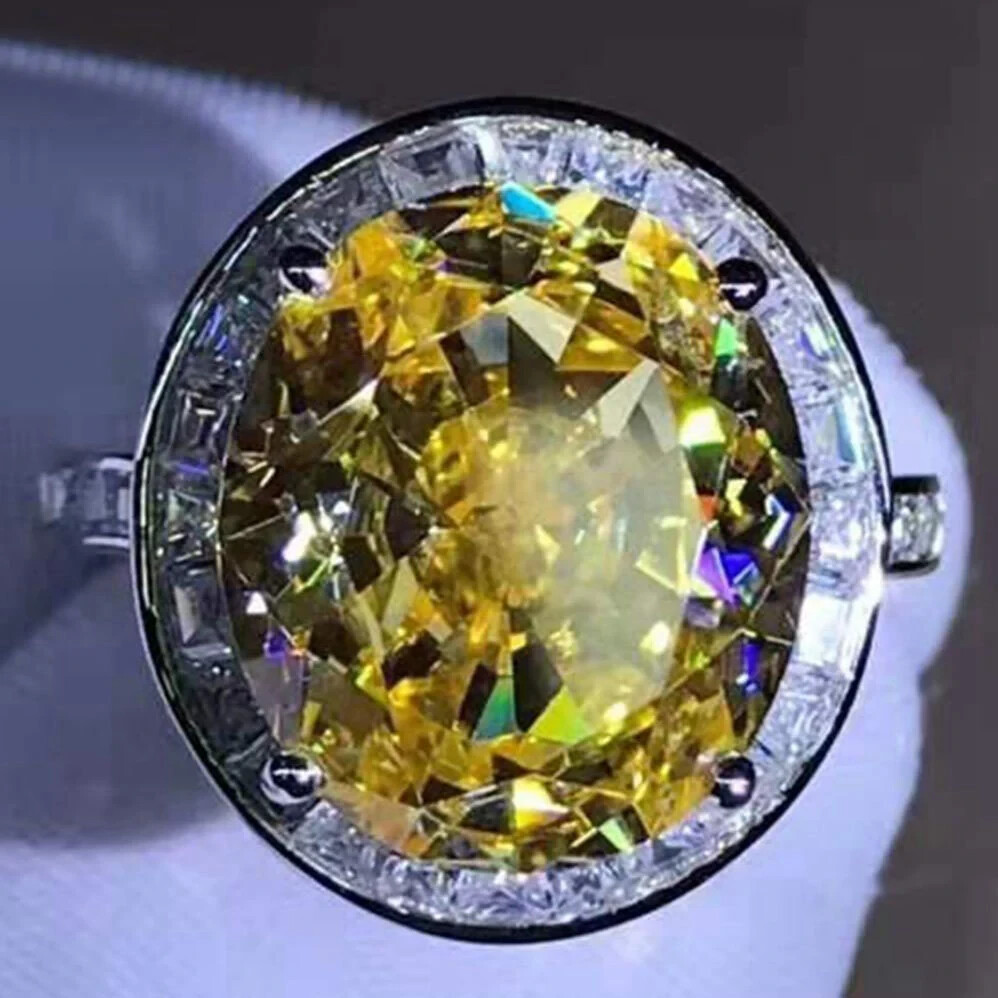 8ct Vivid Yellow VVS Oval Moissanite Halo Ring in 14K Gold