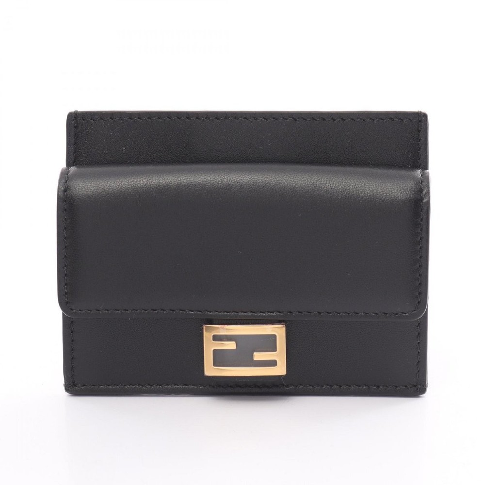 FENDI Baguette Leather Card Case Wallet in Black 658463