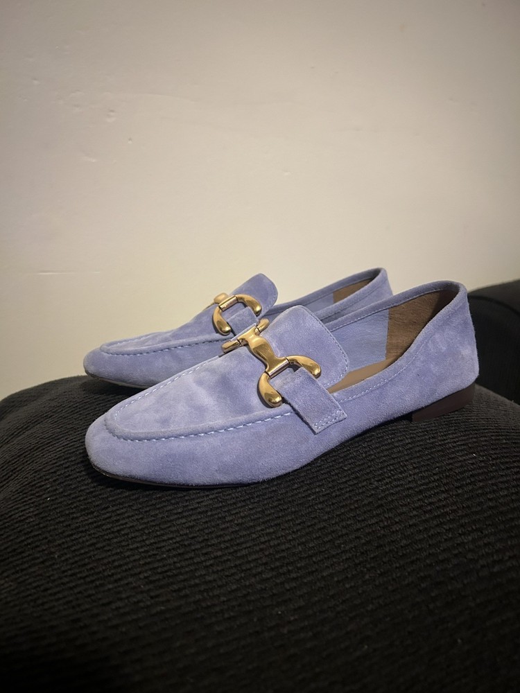 Bibi Lou Shoes Womens Size 7.5 EU 38 Blue  Suede Loafers Horsebit Gold Slip On