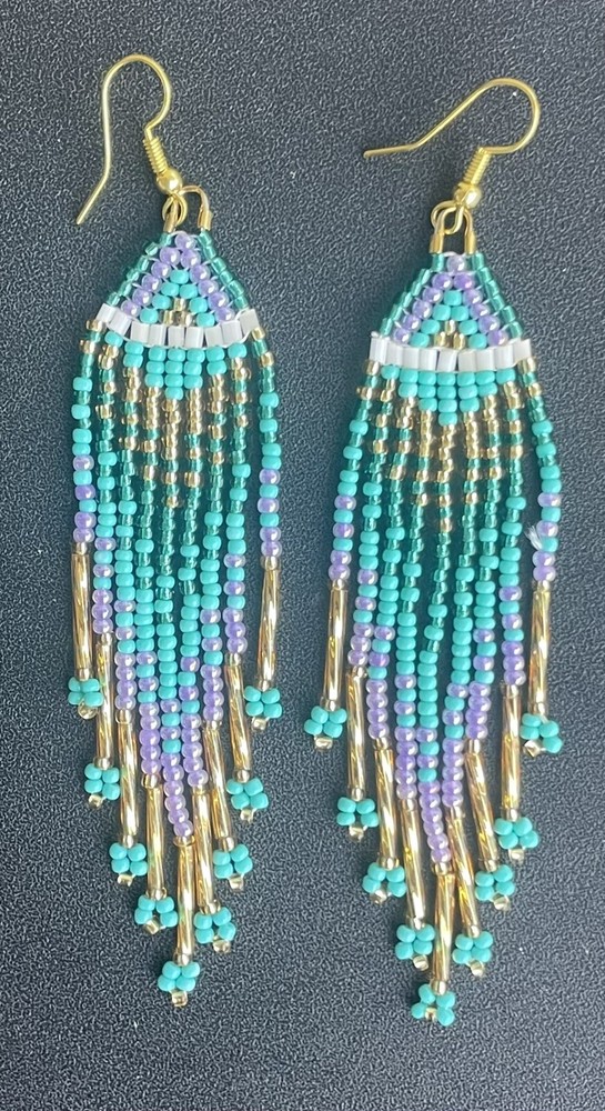 Boho Native Style Turquoise Gold Seed Bead Beaded Earrings Fringe Tassel Long
