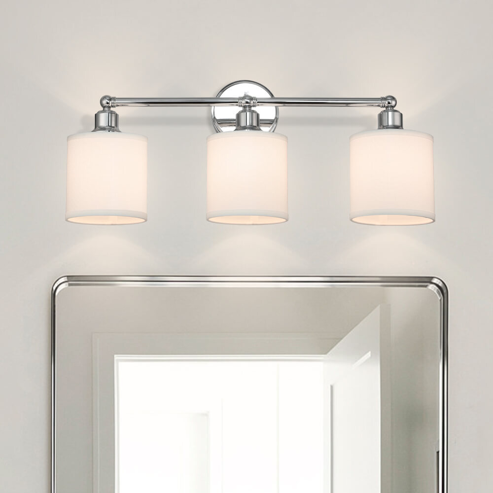 Bathroom Vanity Light with Fabric Shade 3 Light Wall Fixture Chrome Finish