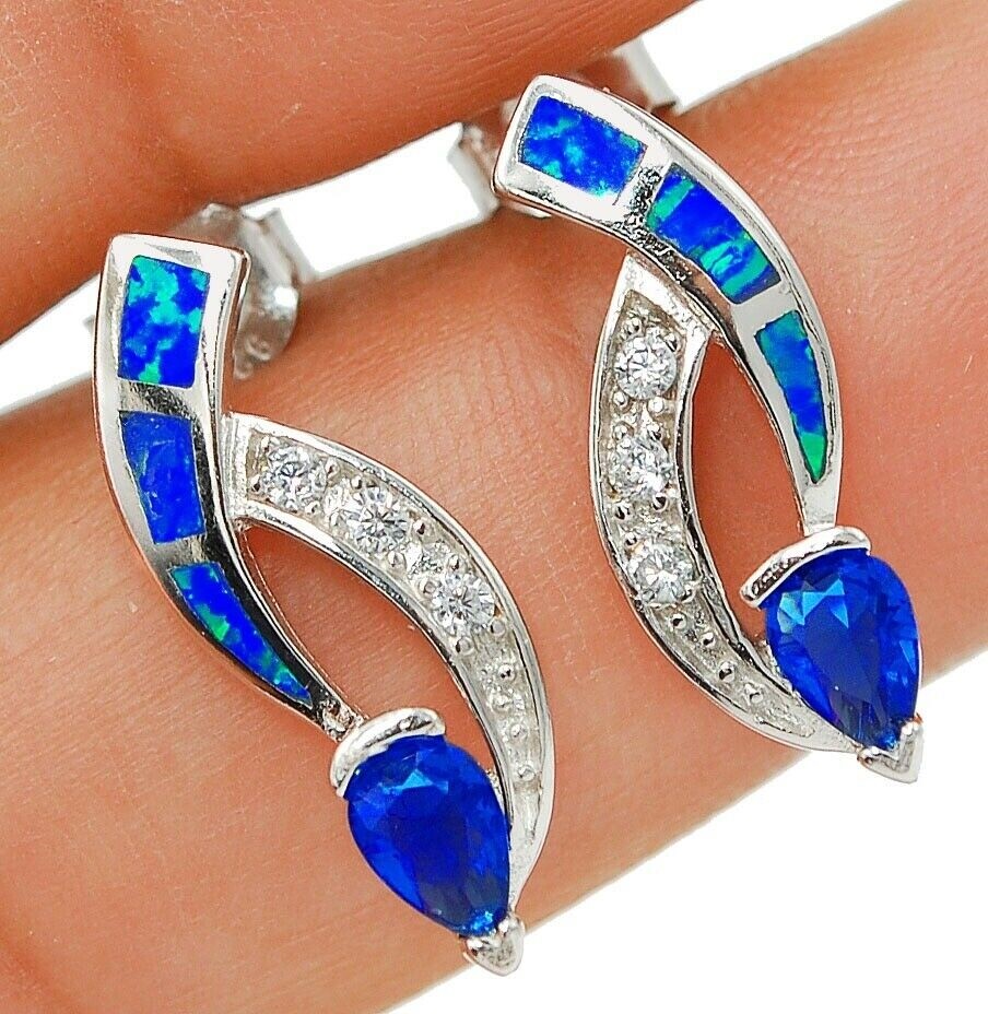 2CT Afircan Sapphire & Australian Opal Inlay 925 Sterling Silver Earrings EO4