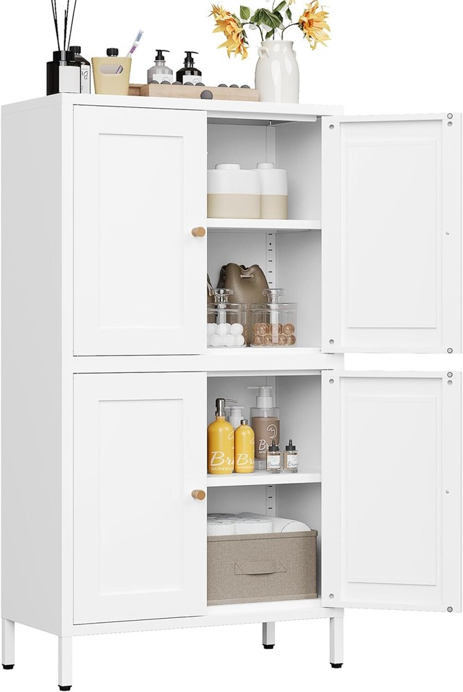 White 4-Door Narrow Pantry Cabinet with 2 Adjustable Shelves  