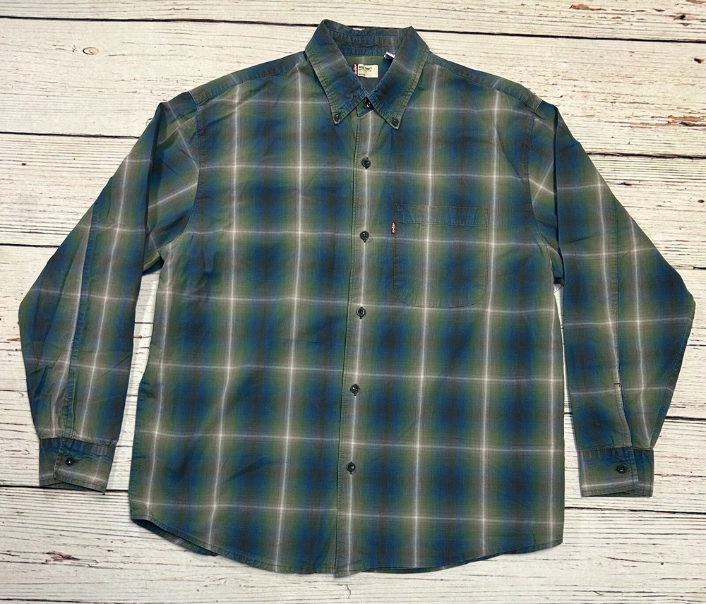 Men’s Levis Red Tab Long Sleeve Blue Green Plaid Button Up Shirt Size L Cotton