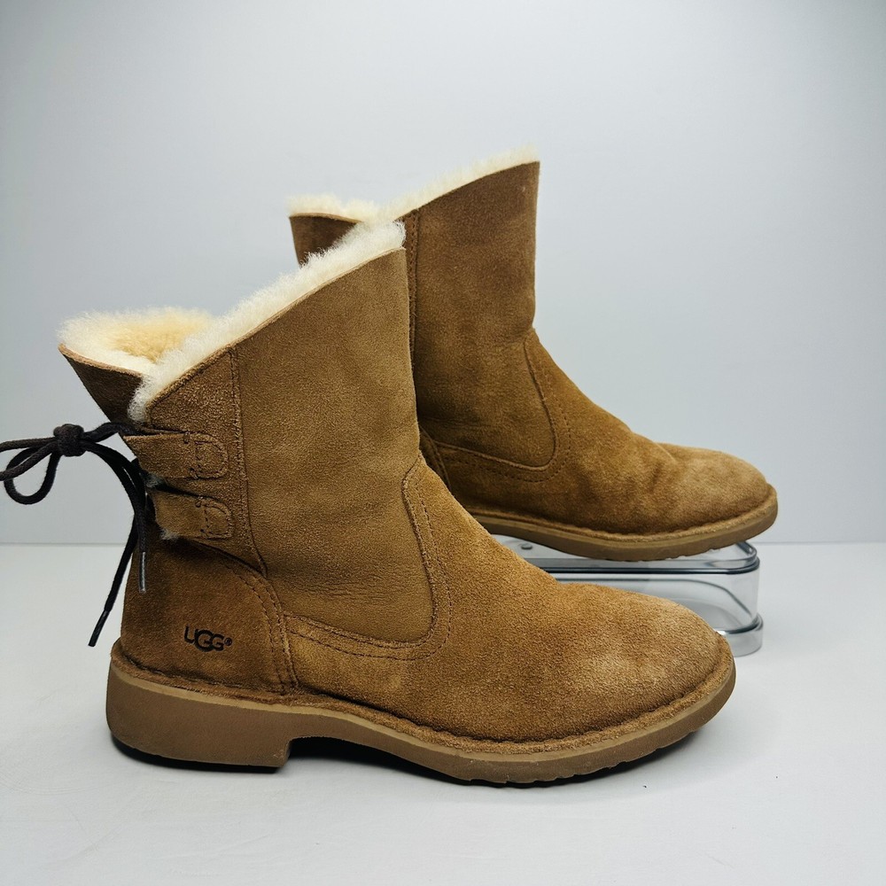 Ugg Naiyah Womens Size 7 Brown Suede Back Lace Shearling Boots 1020144