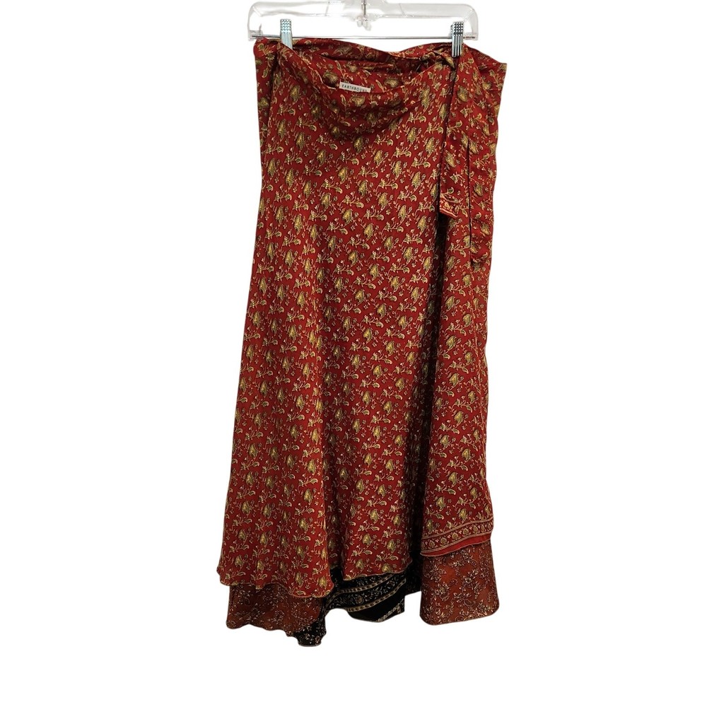 Earthbound Trading Company Red Paisley Maxi Reversible Sari Wrap Skirt One Size