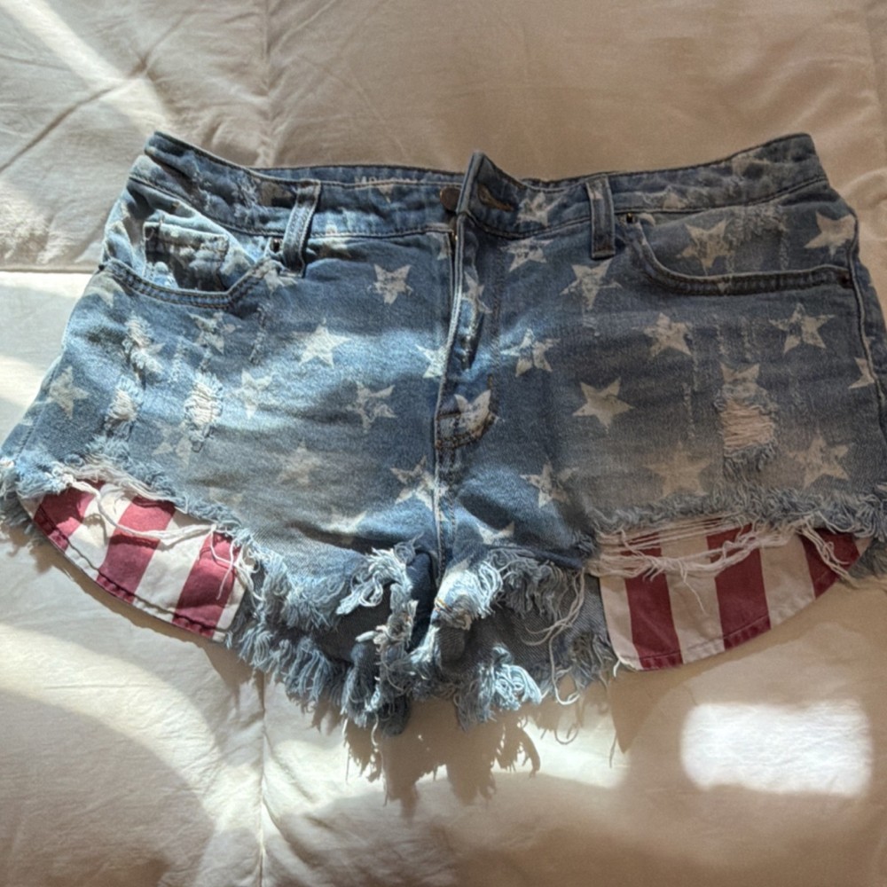 Mossimo Women's High Rise Star Print Denim Cut Off Shorts Blue Red White
