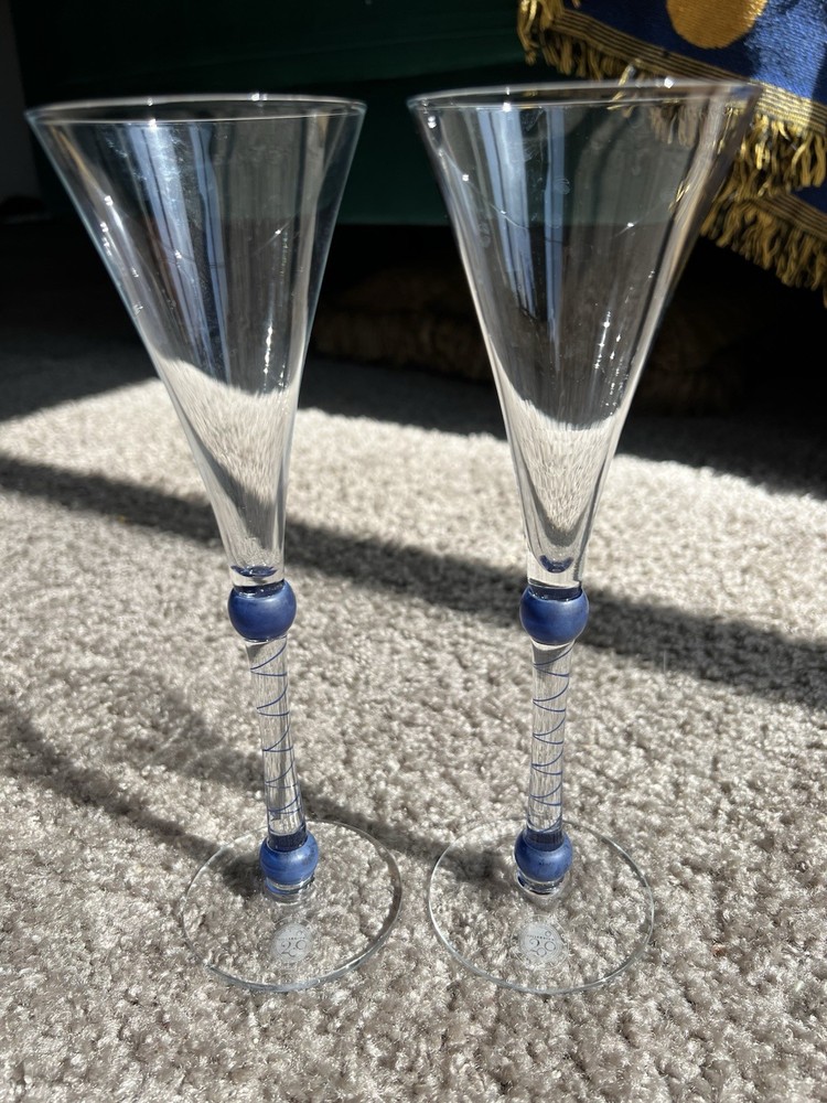2 Vintage Y2K “2000” Martini & Rossi  Champagne Flutes Art Glasses Cobalt Blue