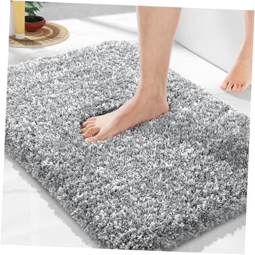Non-Slip Washable Bathroom Rug 24x17 Inches in Light Gray & White  