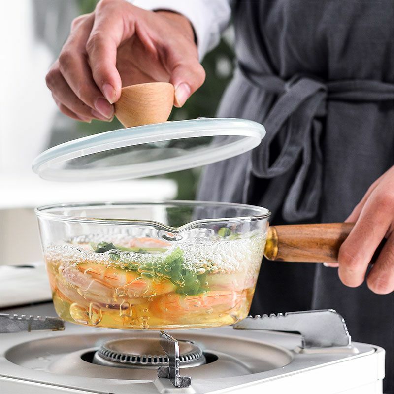 5.9 Inch Wooden Handle Glass Pot for Cooking Milk Soup Porridge