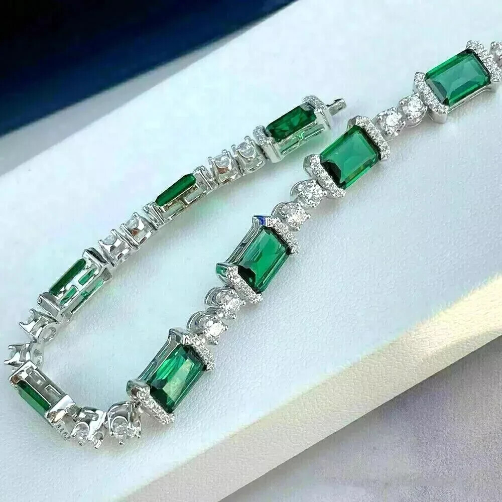 12Ct Lab-Created Emerald Cut Tennis Bracelet in 14K White Gold Plated 7 Inch