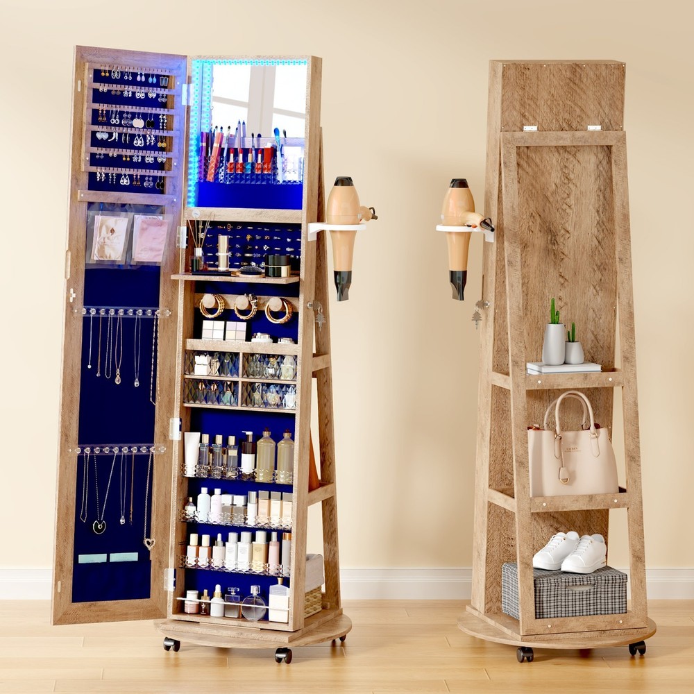 Full Length Mirror Jewelry Armoire with Rotating Storage and LED Lights  