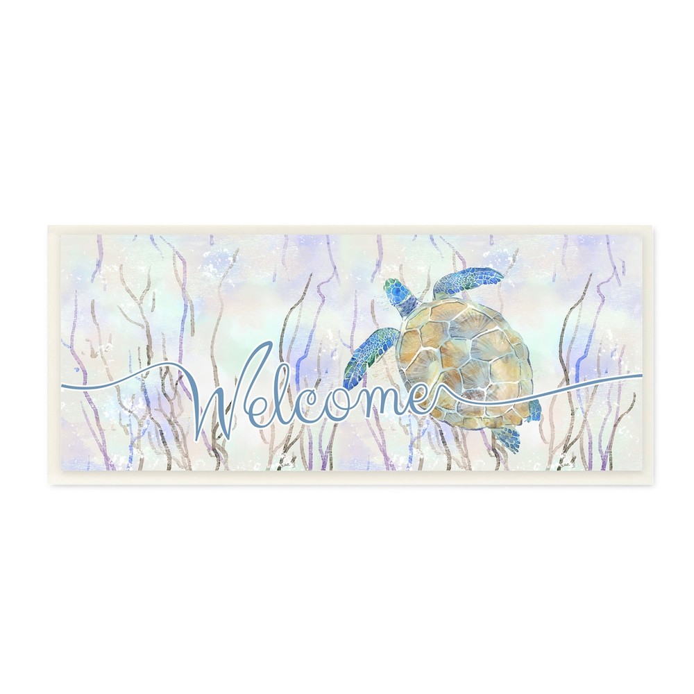 Stupell Welcome Greeting Blue Tropical Sea Tortoise Waters  Blue 17 x 7