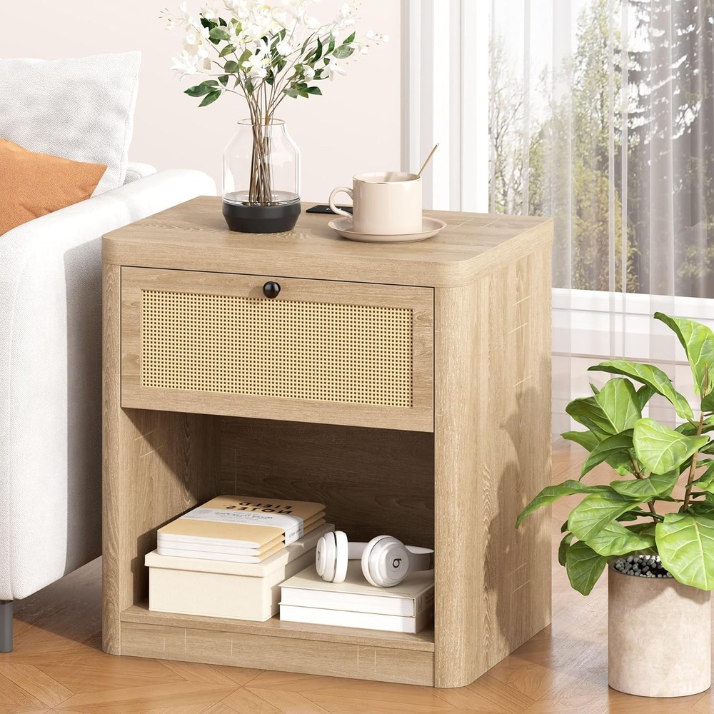 Yusong Rattan Nightstand with Sunwashed Oak Finish Compact Bedside Table