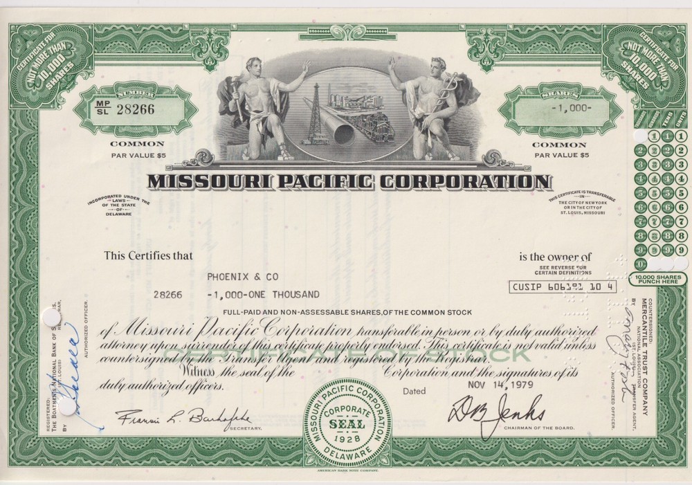 Missouri Pacific Corporation Stock Certificate Railroad UP