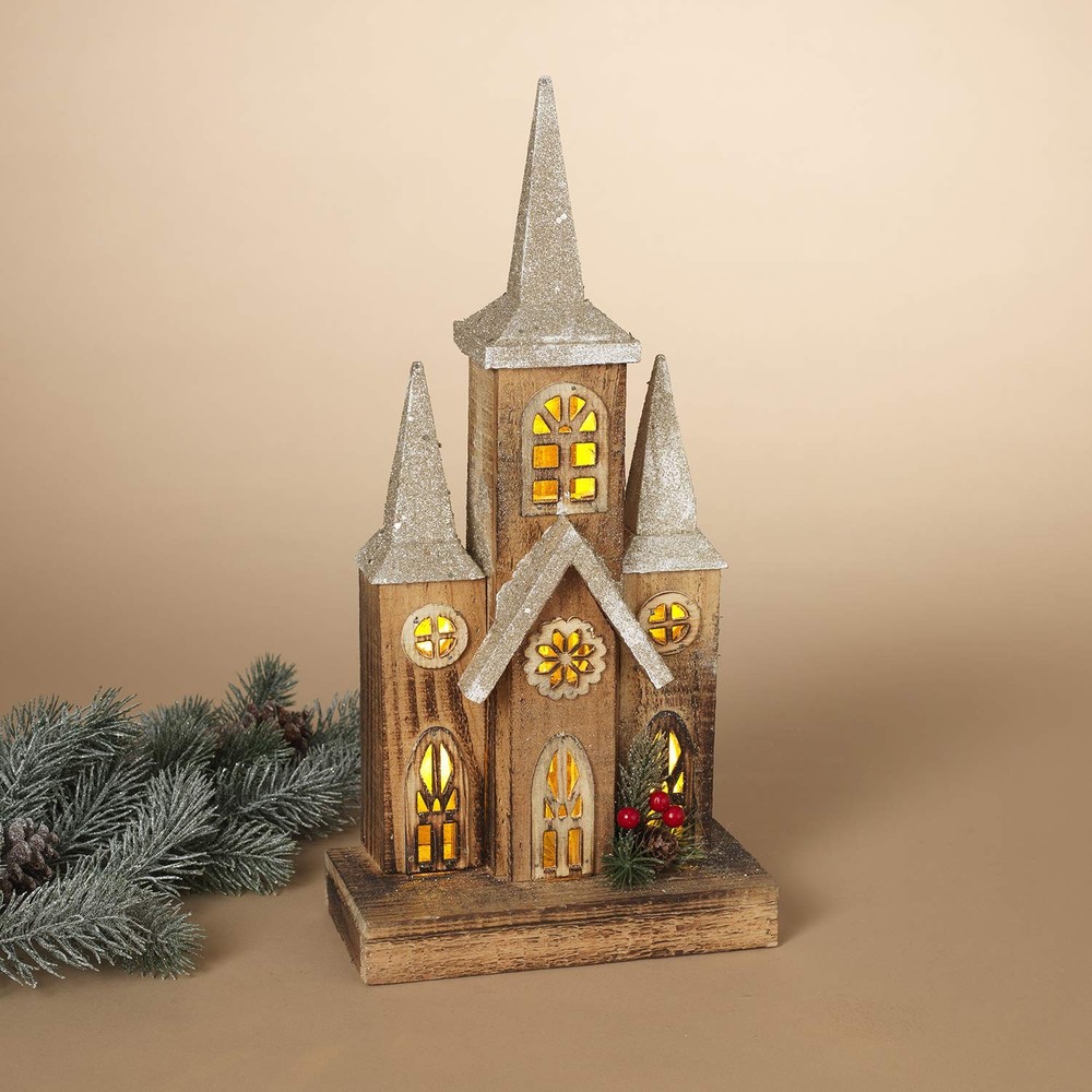 16-Inch Decorative LED Light Up Rustic Wood Church – Vintage Lighted Christma...