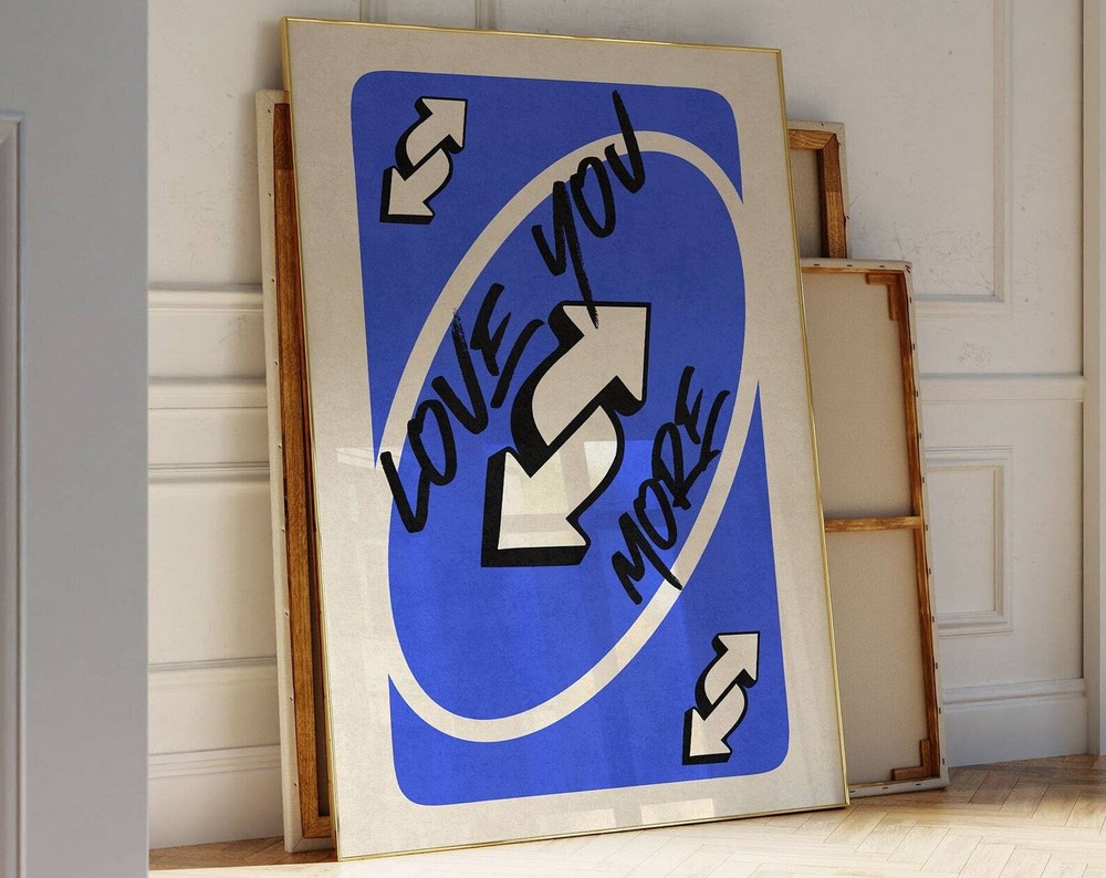 Love You More Print Blue Retro Wall Art Playing Card Wall Art Valentines Day