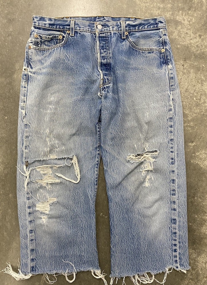 Vintage Levis 501 Shorts Men Sz 36 Blue Cut Off Thrashed Jorts Light Wash Ripped