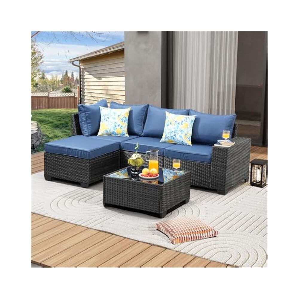 All-Weather Wicker 5-Piece Patio Sectional Sofa Set with Navy Cushions