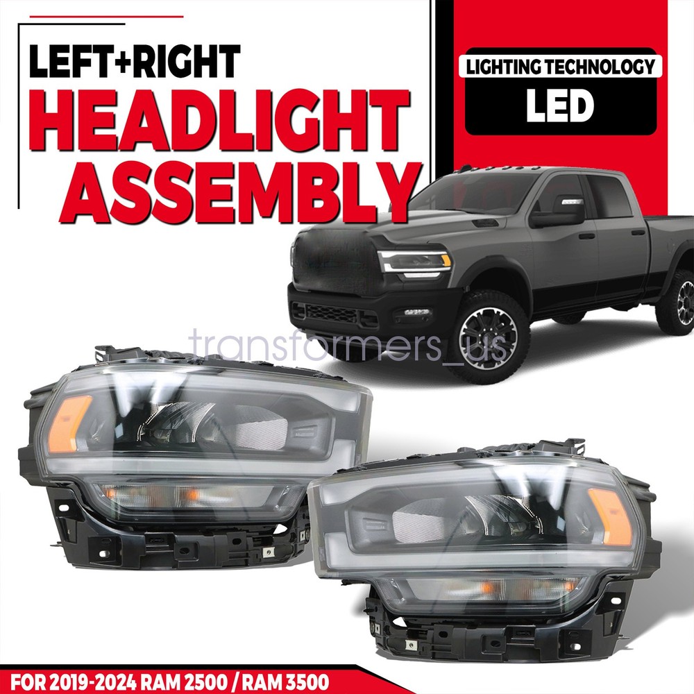 For 2019-2024 Ram 2500 3500 Headlight Full LED w/Reflector Type Left+Right Black