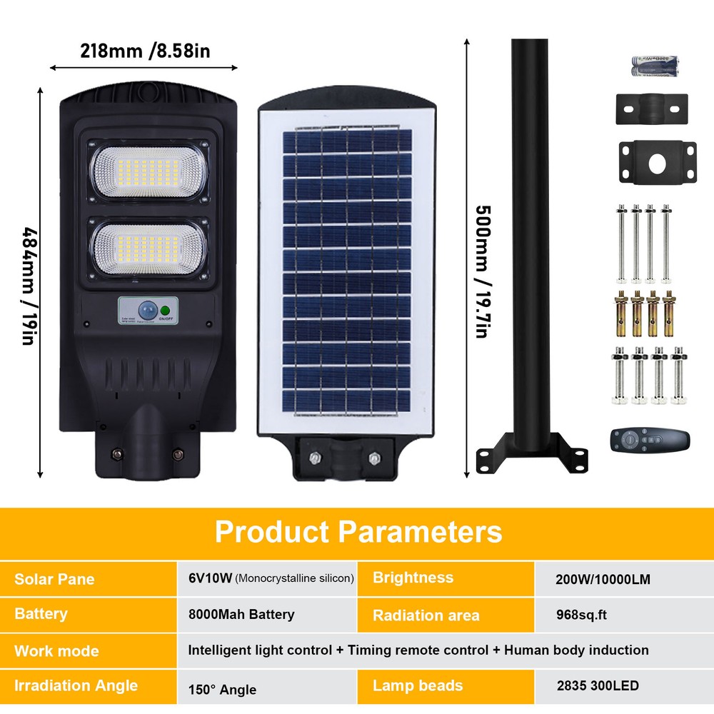 10000 Lumens  Solar Street Light Outdoor,8000mAH Battery 300 LED Street Lamp Set