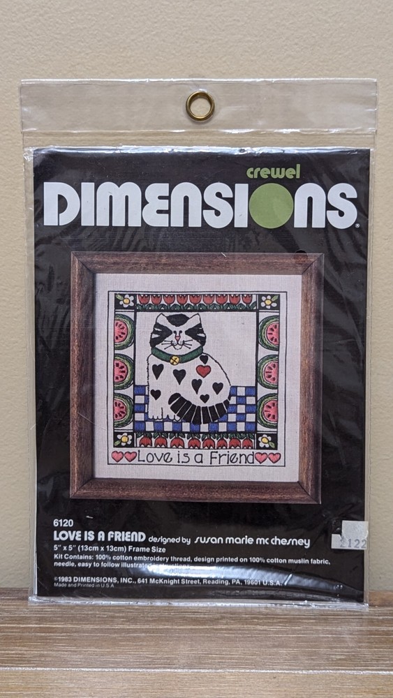Dimensions Cat Crewel Embroidery Kit LOVE IS A FRIEND 5x5 #6120 Vintage 1983
