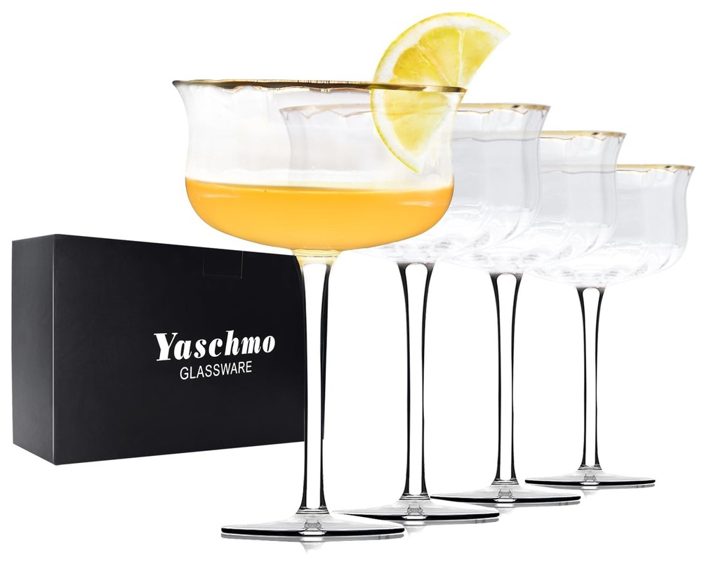 Vintage Art Deco 10 Oz Hand-Blown Coupe Glasses Set of 4