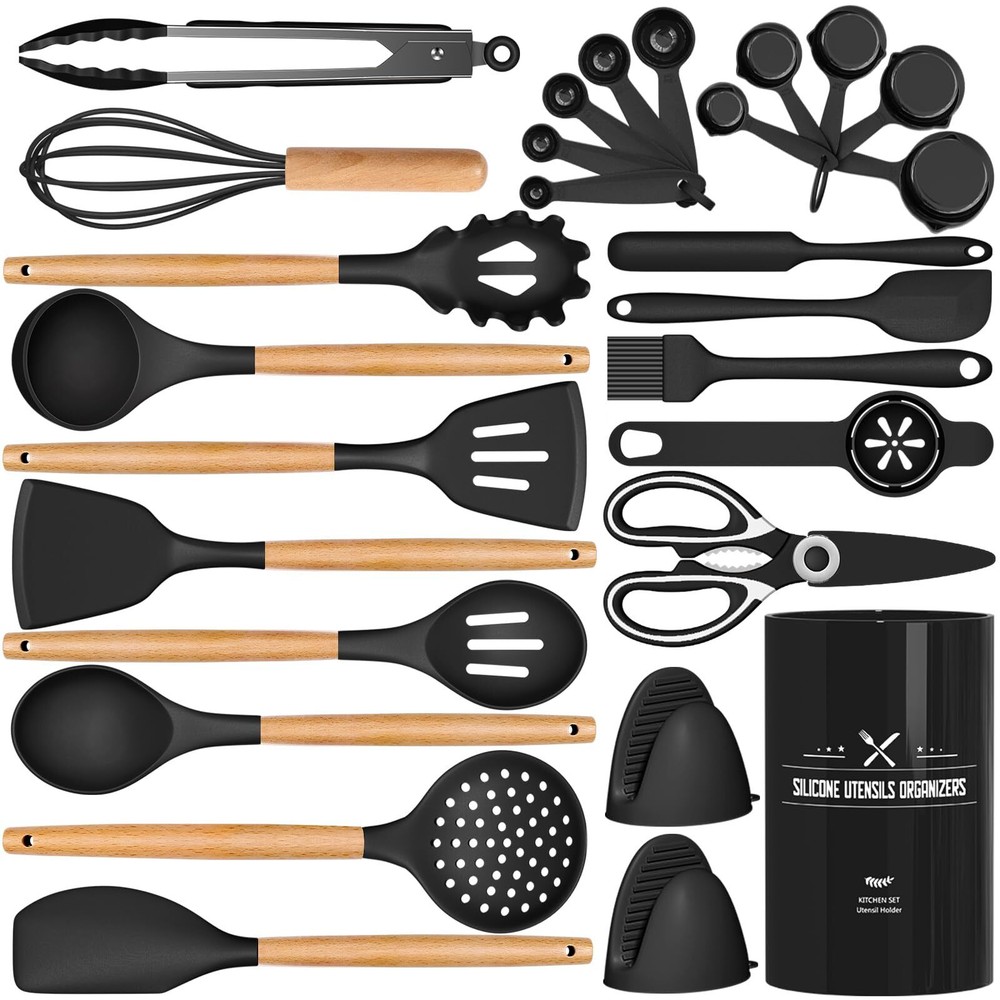 Silicone Kitchen Utensils Set, 28PCS Large Cooking Utensils Set with Holder, ...