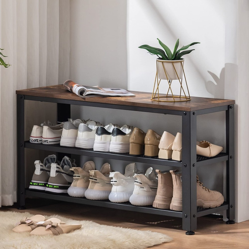 3-Tier 35.5 Inch Entryway Shoe Rack with Long Seat and Metal Frame