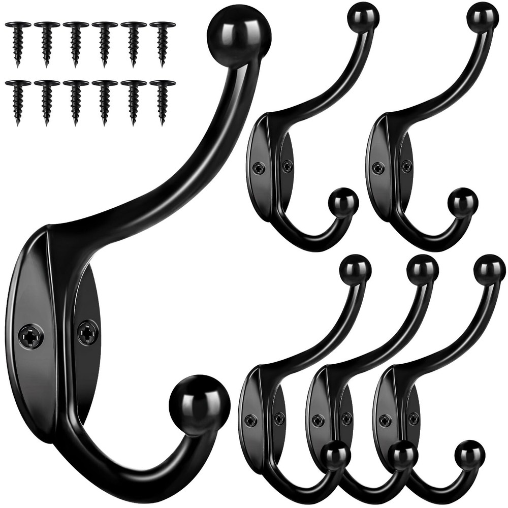 6Pcs Heavy Duty Black Wall Hooks for Coats with Mounting Screws