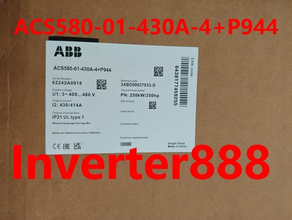 New ABB ACS580-01-430A-4+P944 VFD 250kW 430A 380-480V AC Drive