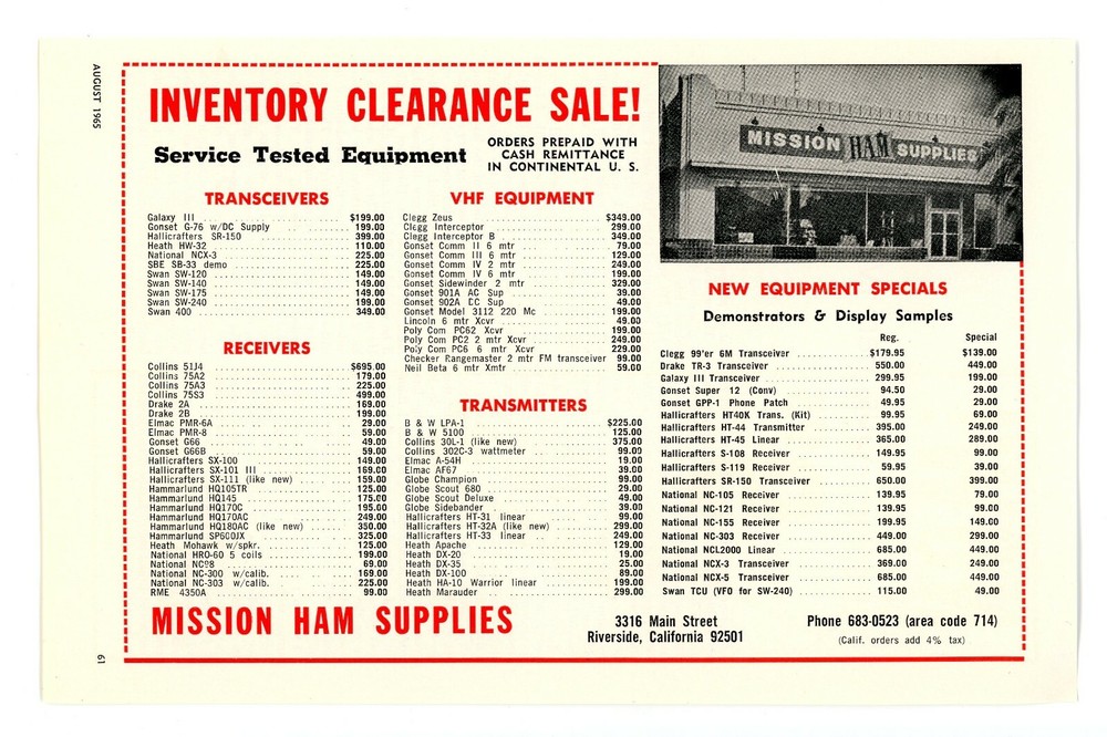 73 Ham Radio Magazine Print Ad CLEARANCE SALE! MISSION HAM SUPPLIES (8/65)-image