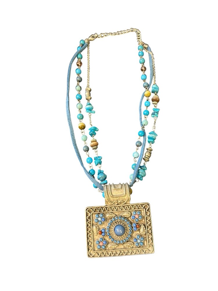 Vtg Faux Turquoise Boho Pendant Tribal Statement Collar Necklace Floral Blue
