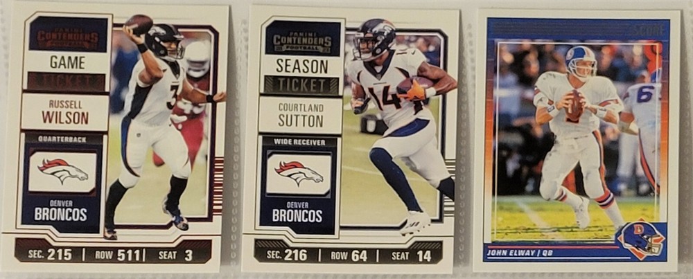 4 Card Lot- Panini Denver Broncos 🏈 Cards (R. Wilson, Sutton, Elway, Patrick)