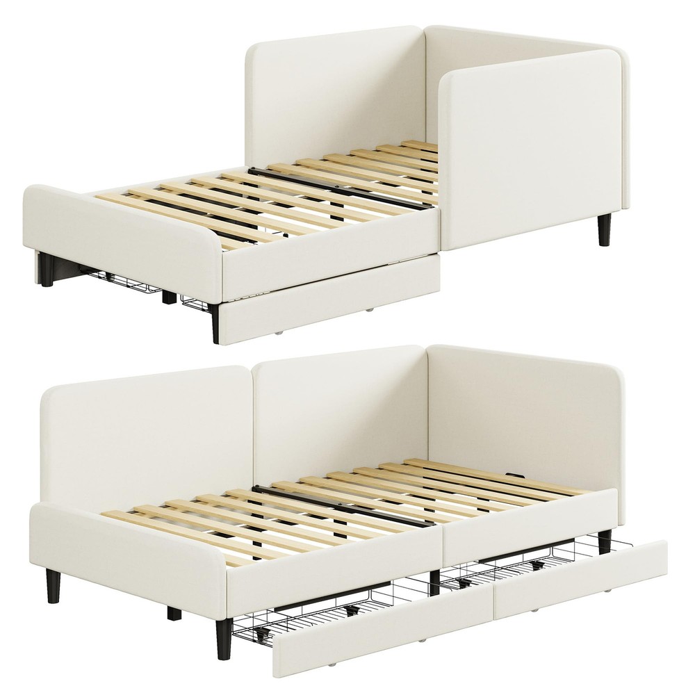 Twin Daybed with Headboard, Corner Bed Frame, Rails, and Storage Drawers