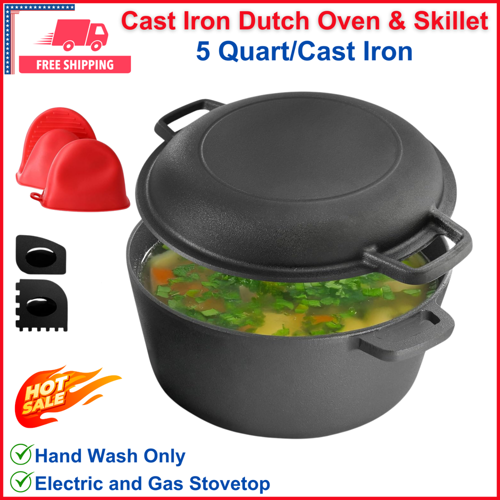 MegaChef 985121252M 5 qt. Pre-Seasoned 2-in-1 Cast Iron Dutch Oven and Skillet