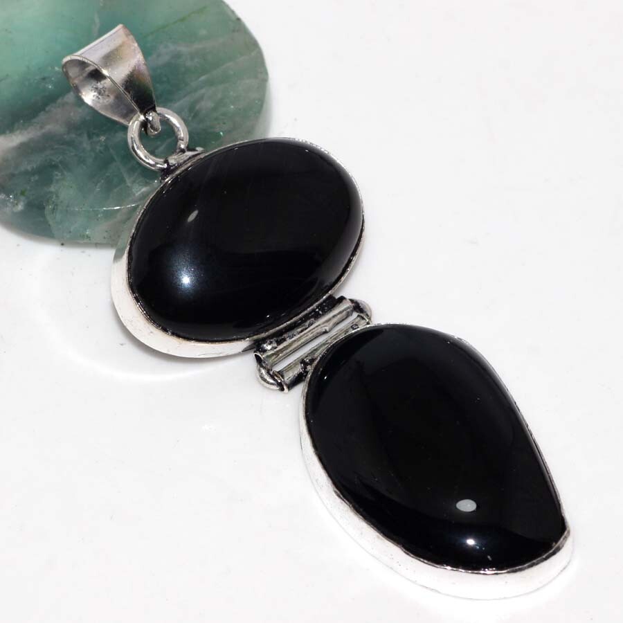 Black Onyx 925 Silver Plated Gemstone Pendant 2.5