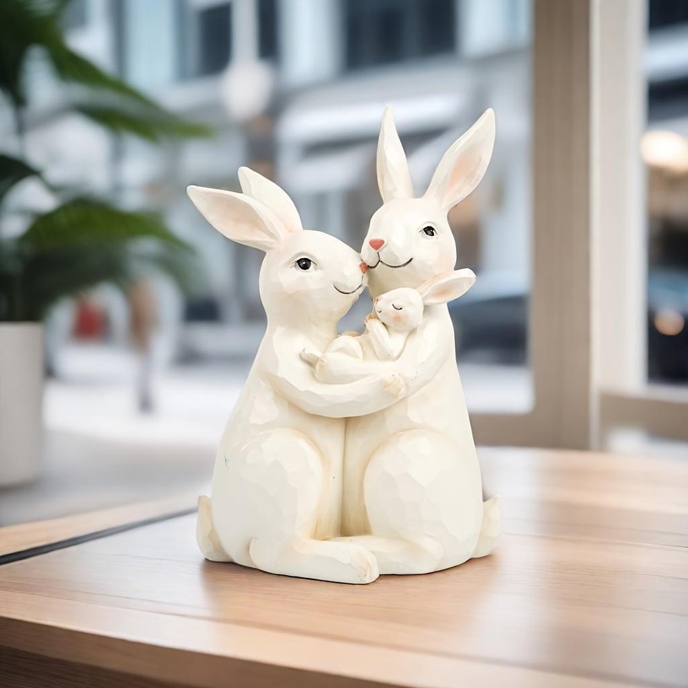 Figurine Family Rabbit Multicolor Resin Romantic Small Carved Free Stand Decor