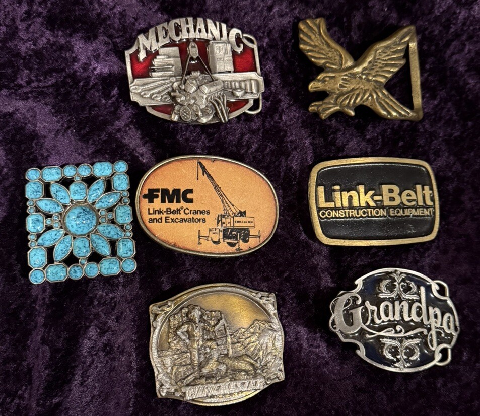 Belt Buckle Lot Cowboy Eagle Brass & More - Lot Of 7 Buckle Vintage Modern As Is