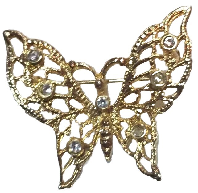 Vintage Butterfly Brooch Gold Tone And Rhinestone Lapel Pin Womens Dress 80's