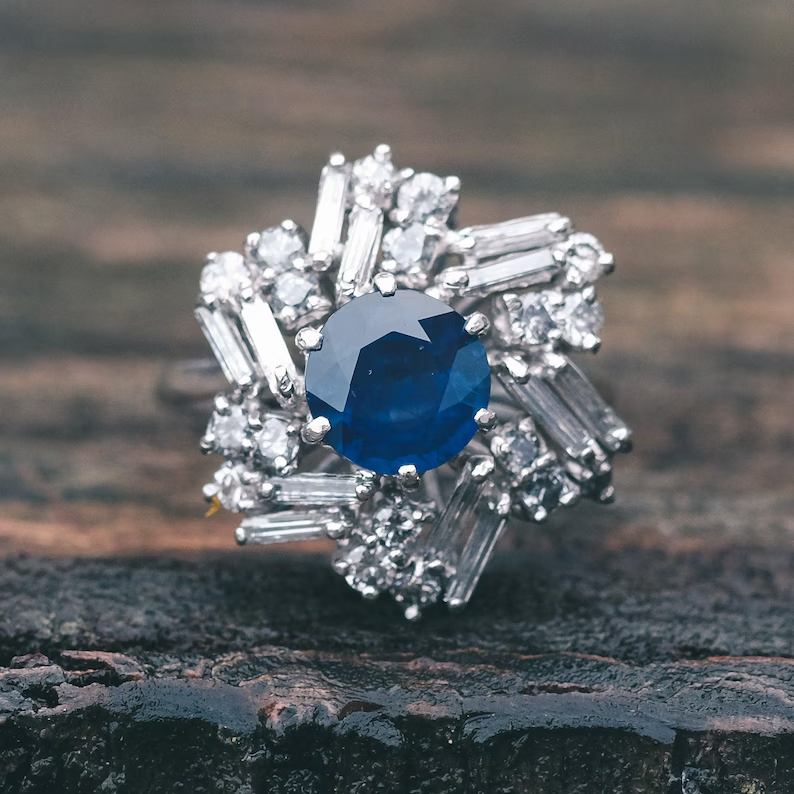 2.40Ct Round Cut Simulated Sapphire Cluster Halo Ring 14K White Gold Over Silver