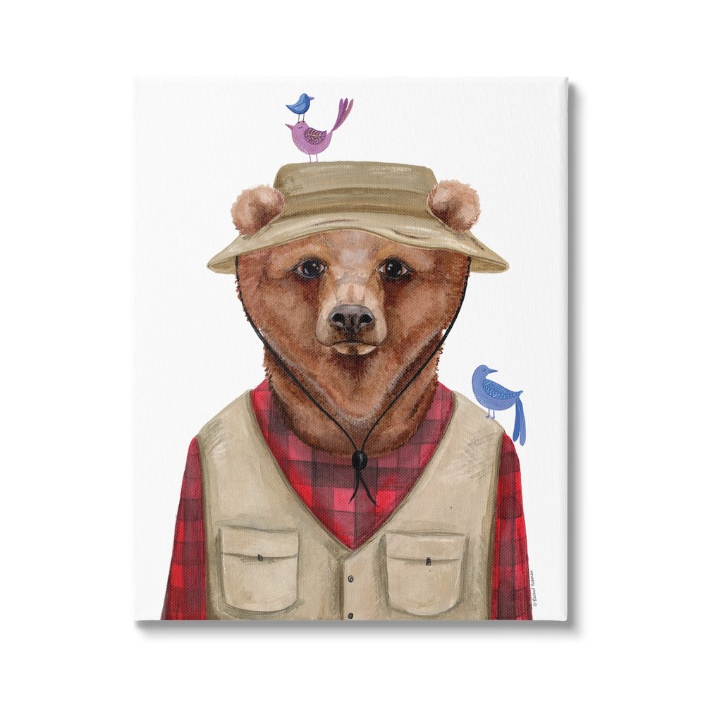 Rachel Nieman’s Red Tartan Bear Camping Gear with Small Birds Design