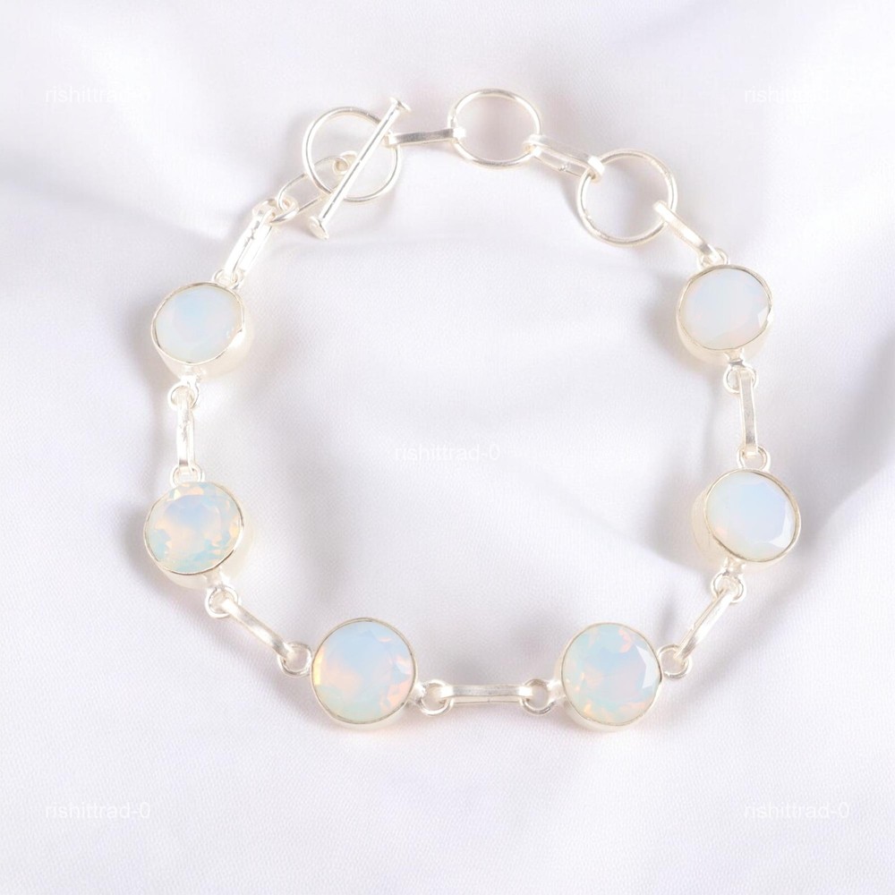Christmas Sale Sterling Silver Round Milky Opal Gemstone Chain Bracelet Jewelry-image